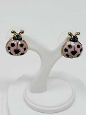 Pink Enamel Ladybug Stud Earrings Gold Tone Cute Kawaii Earrings